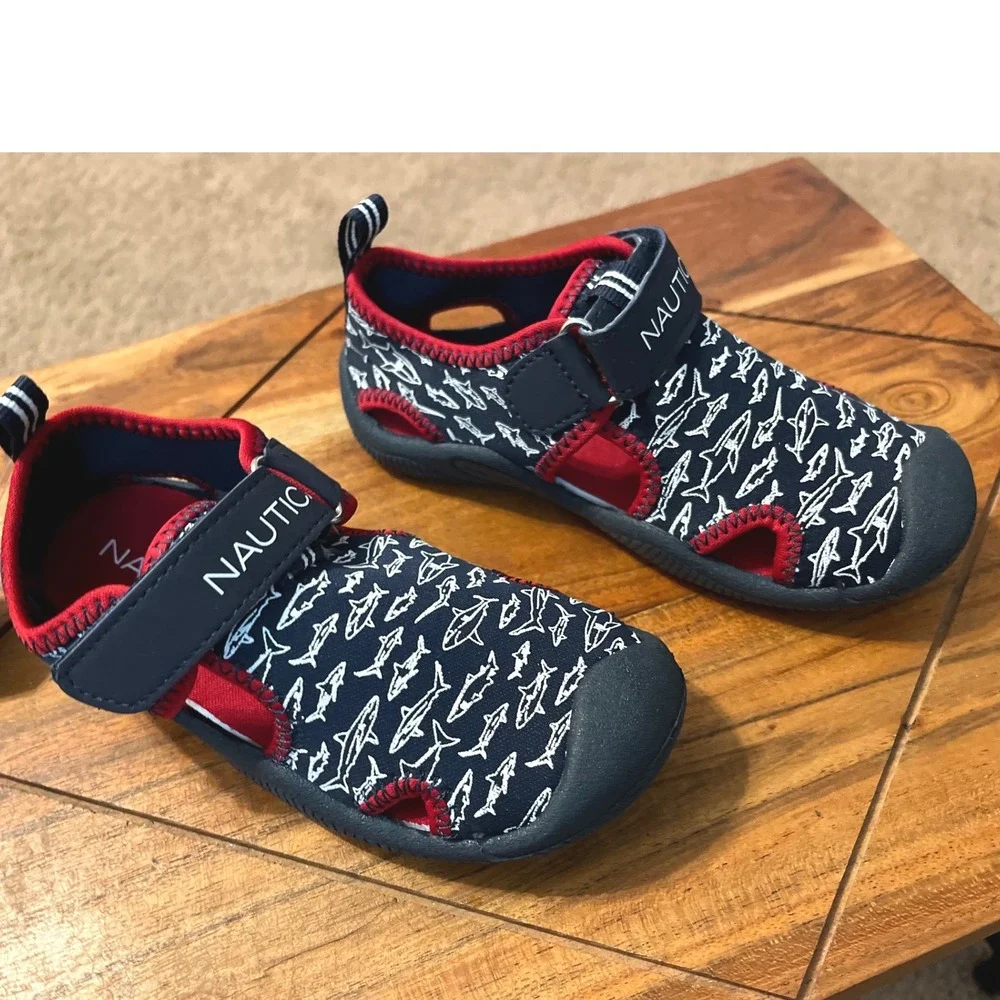 Nautica Kids Water Shoes Sandals Shark Print Navy Red Hook‎ Loop Size 9 NWT